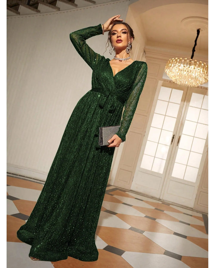 Eliza™ | Sukienka Gali w Głębokiej Zieleni – Cekiny i Długie Rękawy