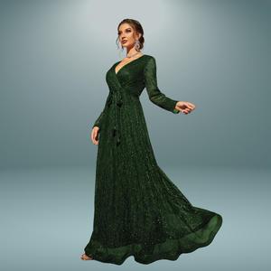 Eliza™ | Sukienka Gali w Głębokiej Zieleni – Cekiny i Długie Rękawy