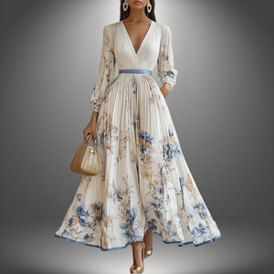 Elegancka maxi sukienka z kwiatowym nadrukiem i dekoltem w kształcie V