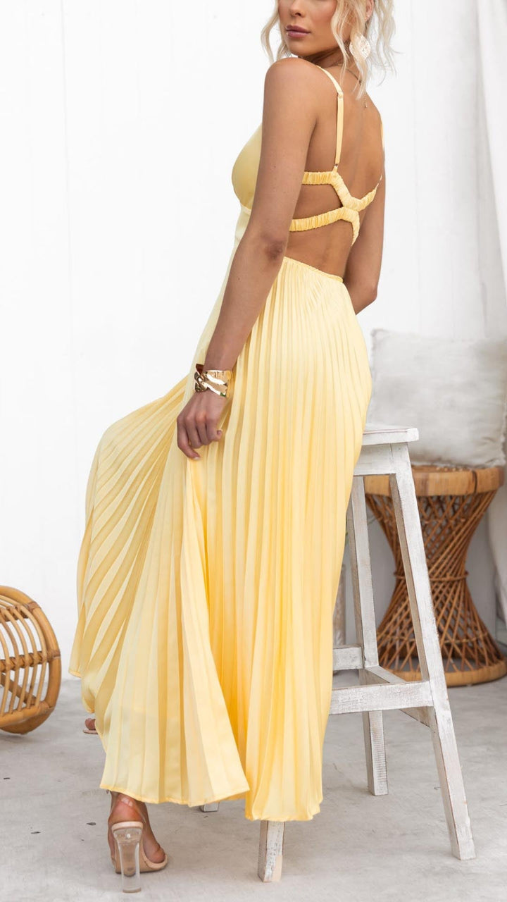 Aby - Żółta Plisowana Sukienka Maxikleid z V-dekoltem - Eliza-Warszawa