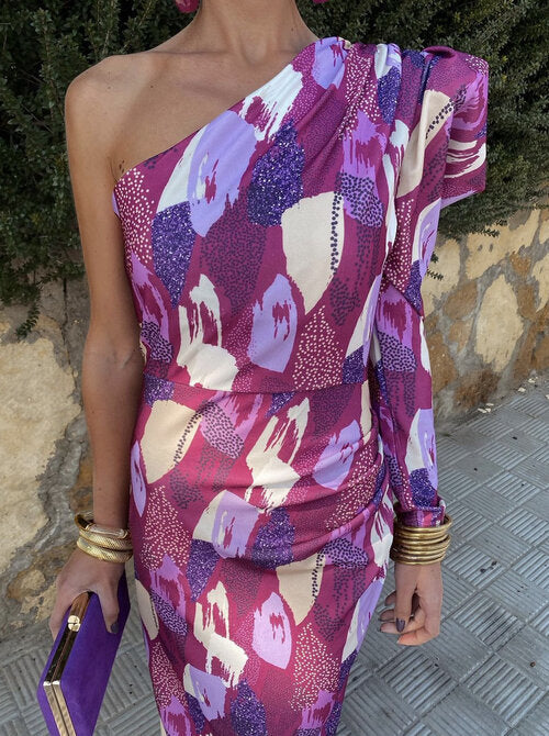 Yllana™ | Midi Sukienka Damska z Odkrytym Ramieniem Fioletowa - Eliza-Warszawa